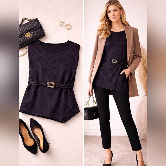 Joseph Ribkoff Vintage Black Tonal Floral Jacquard Asymmetrical Tunic Top - Picture 4 of 15